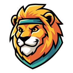 Cartoon illustration of a fiery orange and teal lion head with a determined expression and an athletic headband on a plain black background, perfect as a sports team mascot