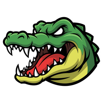 Cartoon style illustration of a green alligator head with an open mouth, displaying teeth and tongue. The background is black, creating contrast for the design