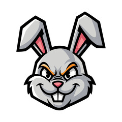 Illustration of a cartoonish grey rabbit head mascot featuring orange eye highlights. It is set against a dark backdrop with intricate shadows. The rabbit head conveys a smirking facial expression