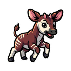 A charming cartoon okapi with distinctive brown and white stripes depicted in a dynamic leaping pose against a stark black background. This full body illustration is cheerful and inviting, perfect