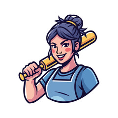 Cheerful baker woman character illustration on black background. She's holding a rolling pin, wearing a light blue apron and uniform, with a smiling expression in pixel art style