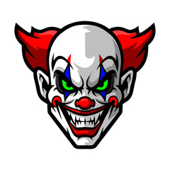 A scary clown face with red hair and menacing green eyes is depicted on a black background, evoking a feeling of horror and dread