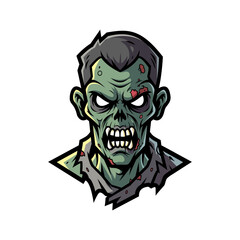 A grinning green zombie with gray hair and a torn gray shirt is featured against a black background, its white eyes glowing intensely, creating a chilling visual