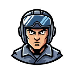 Detailed pixel art illustration of a stern-looking pilot in a gray uniform and helmet set against a stark black background. The image captures the essence of military aviation with a vintage