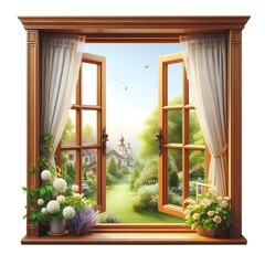 Open wooden window isolated on transparent background