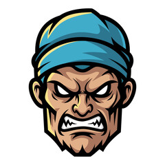 Cartoon illustration of an angry man with blue headband. Features an intense facial expression, conveying fury and aggression on a black background