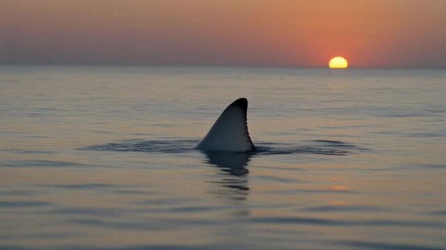 Shark fin breaching the ocean surface at sunset with the sun setting on the horizon over calm water