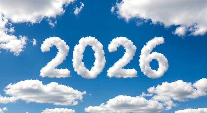 Aspirational cloudscape with the numerical representation of the year 2026 against a vibrant blue sky with fluffy clouds