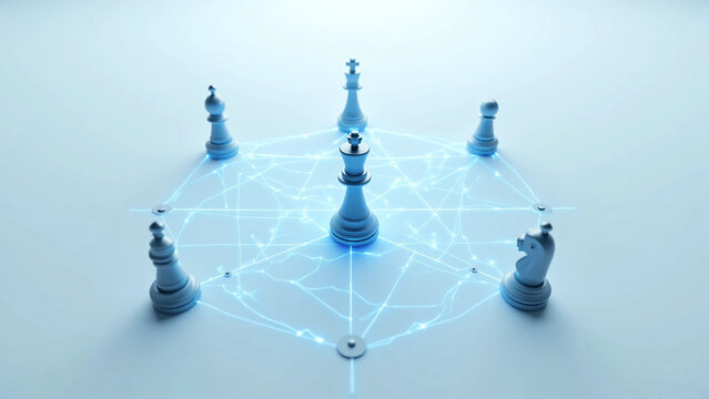 Modern strategic planning concept featuring a hand moving a golden chess piece on a black network-style game board. Transparent chess pieces, interconnected nodes, and directional markings symbolize.