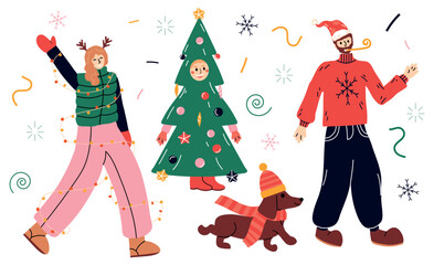 Christmas parade scene with festive energy. Perfect for holiday campaigns, greeting cards, banners, marketing. Crowd in cozy winter attire, holiday lights, garlands, snowflakes, and a playful dog