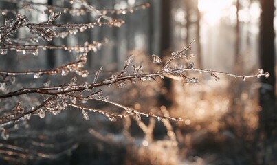 Frozen branches glistening with ice crystals in the winter sunlight.