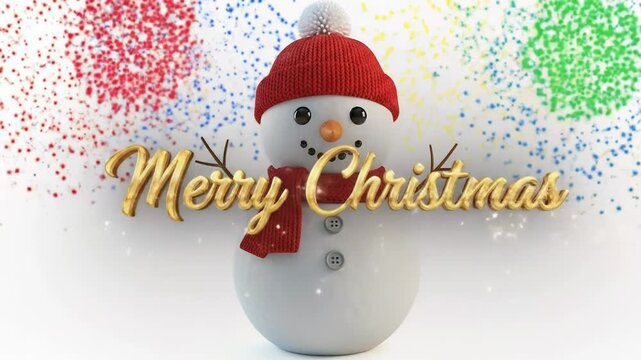 A video footage of christmas Close up of a cheerful snowman with a red hat and scarf on a white background in a studio shot