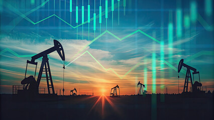 Oil pump silhouetted against sunset sky with financial graphs concept. Oil pumps silhouetted against a colorful sunset and data graphs.
