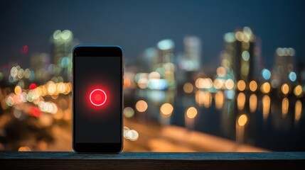 Smartphone Displaying Record Button Against Blurred City Skyline with Night Lights in Background Representing Technology and Creativity in Urban Environment