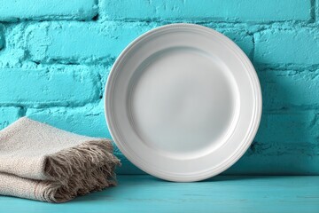 Empty White Plate and Napkin on Blue Wooden Table 
