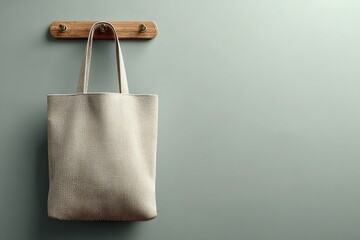 Minimalist blank tote bag hanging on wooden hook with copy space