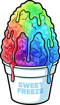 Colorful shaved ice dessert with dripping syrup in a cup