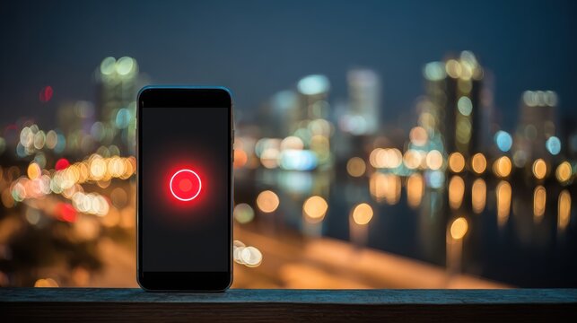 Smartphone Displaying Record Button Against Blurred City Skyline with Night Lights in Background Representing Technology and Creativity in Urban Environment
