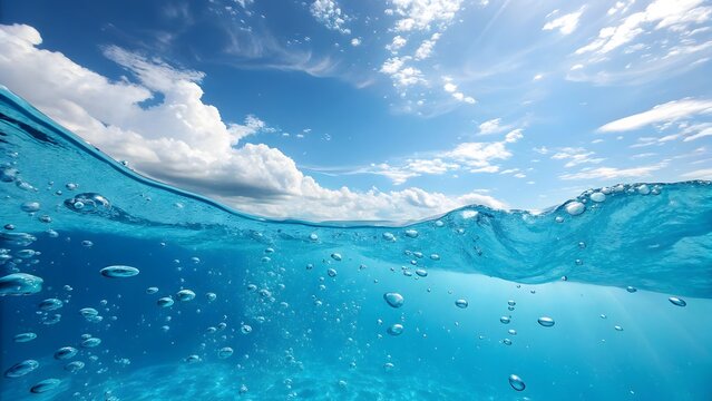 Underwater view of blue ocean water with sky and clouds for background wallpaper and summer travel theme
