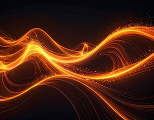 Abstract orange light waves and glowing particles over a dark backdrop