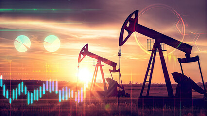Oil pumps in field at sunset with financial charts concept. Oil pumps working at sunset with financial graphs overlayed.