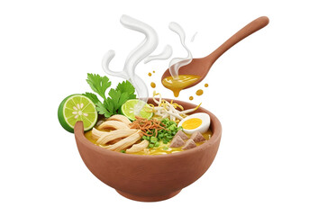 Delicious Indonesian Soto Ayam with Steaming Hot Broth and Fresh Ingredients.