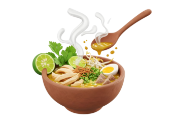 Delicious Indonesian Soto Ayam with Steaming Hot Broth and Fresh Ingredients.
