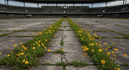 Abandoned stadium with vibrant yellow wildflowers growing through the concrete, a stunning visual of nature reclaiming urban spaces, perfect for concepts of decay and resilience