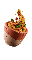 Delicious Indian Peanut Chutney Splashing from a Traditional Clay Pot.