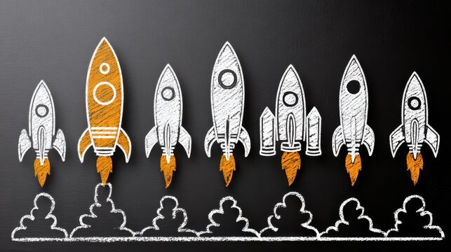 Colorful hand-drawn rocket illustrations representing progress and innovation on a blackboard background for creative and business concepts