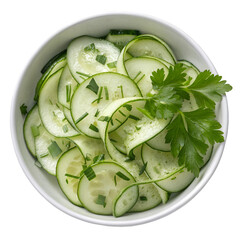 A delicious cucumber salad with parsley in a bowl or isolated on white background