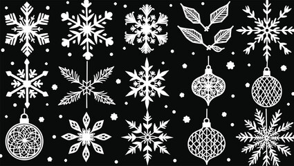 Elegant White Ornamental Geometric Shapes and Decorative Elements on Black Background Pattern
