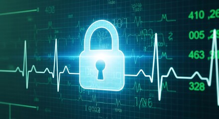 Digital Health Security - Padlock Symbol on Heartbeat Monitor.