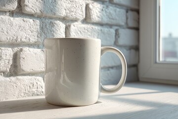 White speckled ceramic mug on wooden windowsill  