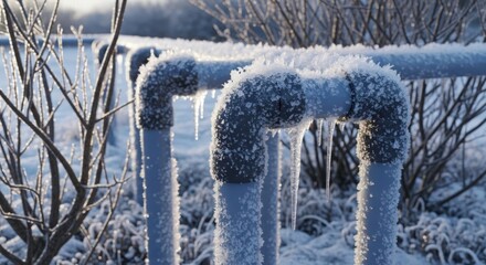 Snowy pipes covered with ice and frost in cold weather. Snowy pipes are set against frosty branches and open fields, showcasing winter's icy grip.
