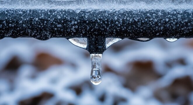 Frozen water drop hanging from pipe covered with frost and ice crystals, closeup view. Water drop glistens in light, revealing textures and icy formations of winter's artistry.