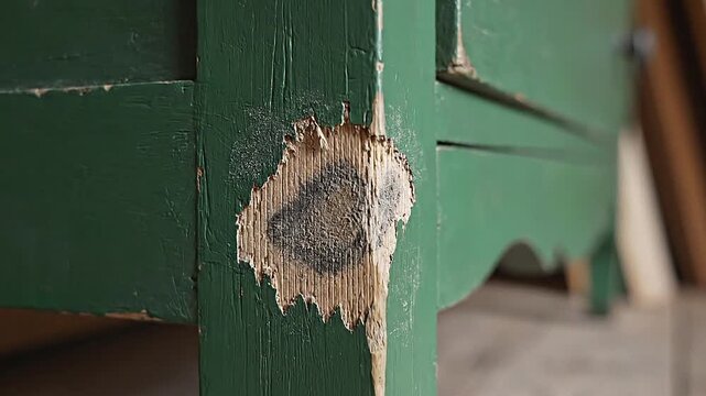 Green-painted drawers scuffed at bottom corner