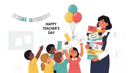 Happy teacher s day celebration with students presenting gifts and cards to their appreciated teacher