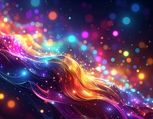 Fototapeta premium Abstract digital illustration with flowing lines, colorful bokeh, and sparkles