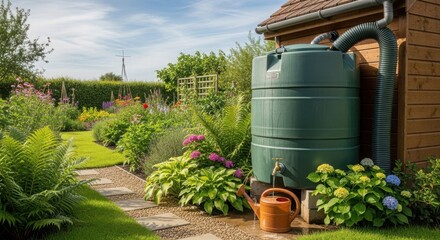 Green water tank in garden for rainwater harvesting. Water tank system captures rain from house roof, providing sustainable irrigation for plants.