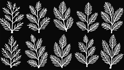 Elegant White Botanical Leaf Illustrations on Black Background in Decorative Seamless Design