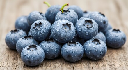 A pile of fresh wet blueberries sits on a wooden surface.