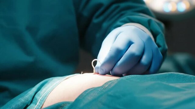 Medical Procedure Close Up Surgeon's Hands Suturing Patient's Incision in Operating Room