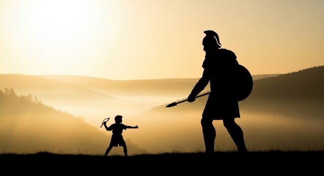 Silhouette of David fighting giant Goliath with sling in misty sunset landscape