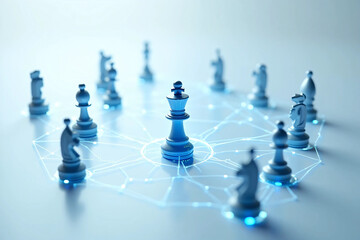 Modern strategic planning concept featuring a hand moving a golden chess piece on a black network-style game board. Transparent chess pieces, interconnected nodes, and directional markings symbolize.