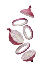 Red onion slices and halves falling through the air.