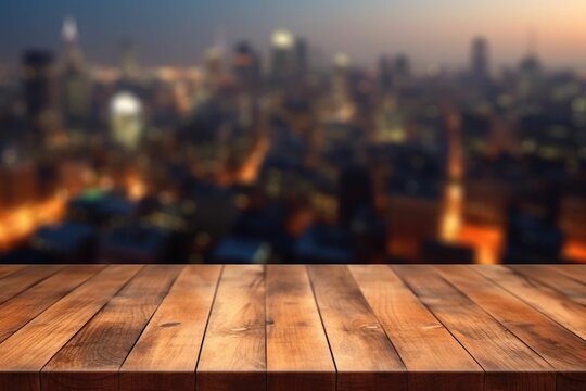 Wooden table with blurred city skyline at dusk.
