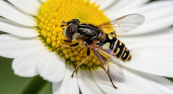 A macro shot depicts a hoverfly with banded abdomen, perched atop a daisy flower with white petals and a bright yellow center. The wings are translucent. The background is slightly blurred - Powered by Adobe