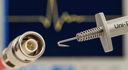 A close-up showcases a metal connector and a probing tool poised against a monitor displaying an electrical signal waveform. The setup likely relates to diagnostics or electrical testing