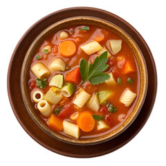 Minestrone in a brown bowl top view or isolated on white background